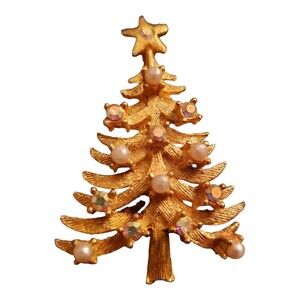 MYLU Vintage Goldtone Christmas Tree w/ Aurora Borealis & Seed Pearls Brooch Pin